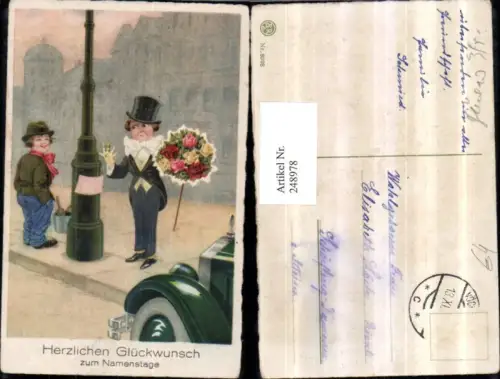 248978,Namenstag Humor Mann m. Hut Blumenstrauß greift in d. Frisch gestrichene Laterne