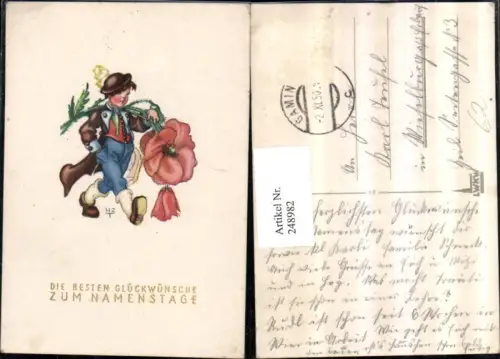 248982,Künstler AK Namenstag Junge m. Hut Mantel Mohnblume auf d. Schulter