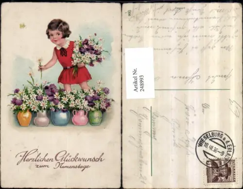 248993,Namenstag Mädchen m. Kleid Blumensträuße Margeriten Astern Vase