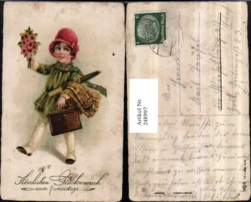 248997,Namenstag Mädchen m. Hut Schal Schirm Mantel Koffer Blumenstrauß Mohnblumen