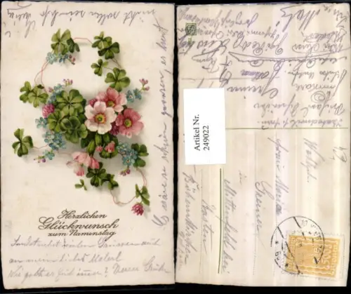 249022,Litho Ak Namenstag Blumen Vergissmeinnicht Klee Kleeblätter