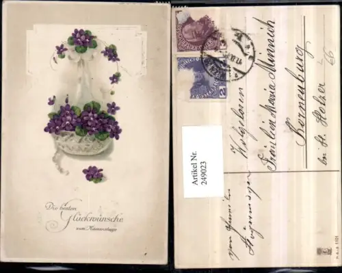 249023,Präge Litho AK Namenstag Korb m. Veilchen Blumen Scheife