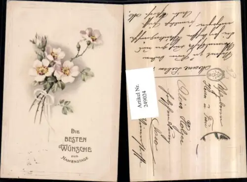 249024,Litho AK Namenstag Strauchrose Rosen Schleife