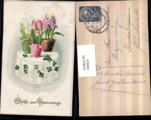 249025,Namenstag Tisch Blumenstöcke Tulpen Märzenbecher Kleeblätter