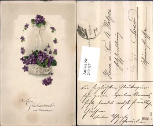 249027,Präge Litho AK Namenstag Blumen Veilchen Korb Schleife
