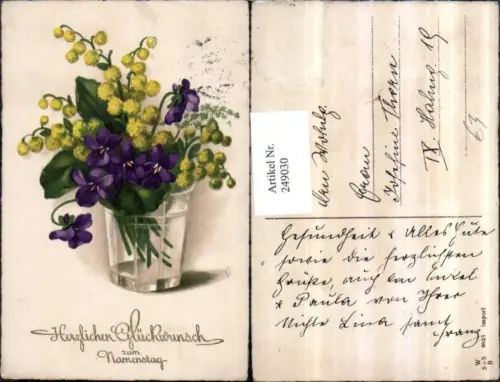 249030,Namenstag Blumenstrauß gelbe Blumen Veilchen Glas