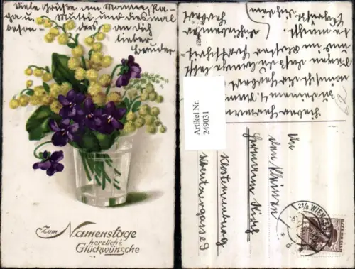 249031,Namenstag Blumenstrauß gelbe Blumen Veilchen Glas
