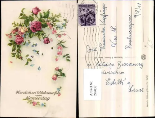 249037,Künstler AK Wanda Rehberg 22euro27 Namenstag Rosen Herzerlstock Vergissmeinnicht