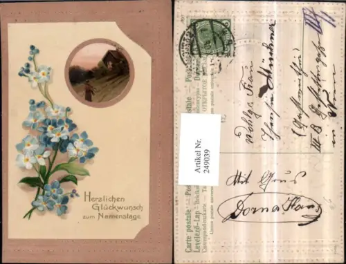 249039,Präge Litho AK Namenstag Vergissmeinnicht Blumen Landschaft