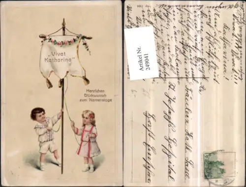 249041,Präge Litho AK Namenstag Junge u. Mädchen ziehen Fahne hoch