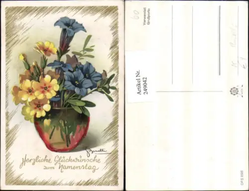 249042,Künstler AK S. Bonelli Namenstag Blumen Enzian Primeln Vase