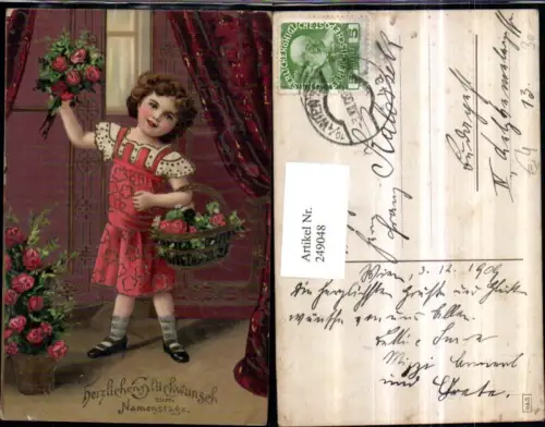 249048,Präge AK Namenstag Mädchen m. Kleid Korb Rosen Rosenstrauß Vorhang