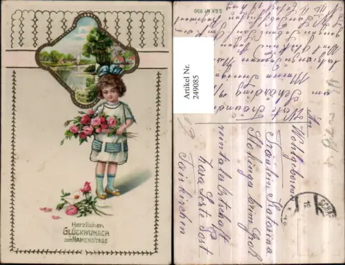 249085,Namenstag Landschaft Passepartout Mädchen m. Kleid Rosenstrauß Rosen Brief