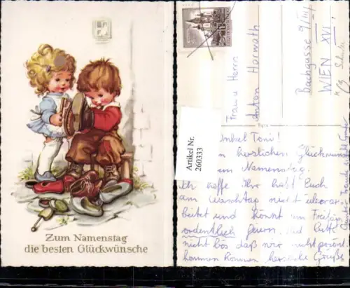 260333,Künstler AK Namenstag Junge Bub als Schuster Schuhe Mädchen m. Kleid