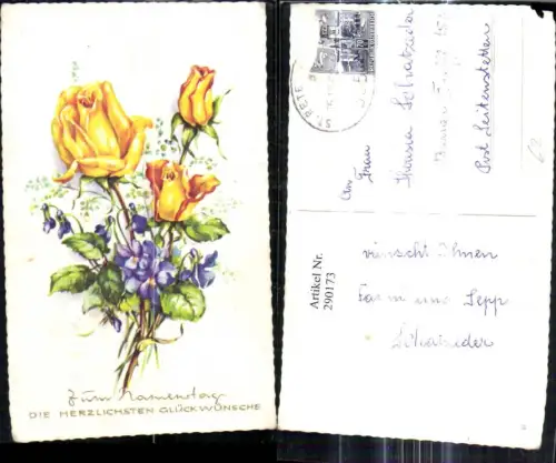 290173,Künstler Ak Namenstag Strauß Blumen Gelbe Rosen Veilchen Präge Schrift