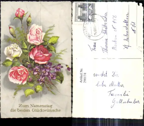 290174,Künstler Ak Namenstag Strauß Blumen Rote Rosa Rosen Veilchen Präge Schrift
