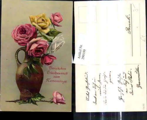 290180,Namenstag Vase m. Gelben Weiße Rosa Rosen Blumen