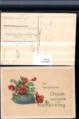323449,Künstler AK Namenstag Rosen Blumenvase Vase