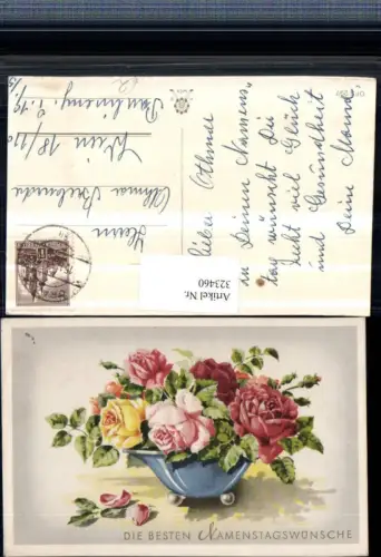 323460,Künstler AK Namenstag Rosen Knospen Vase