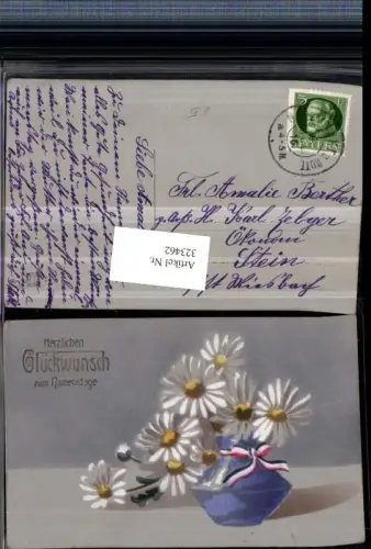 323462,Künstler AK Namenstag Blumen Margeriten Schleife
