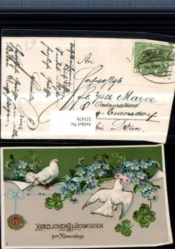 323470,Künstler AK Goldverzierung Namenstag Tauben Brief Blumen Vergissmeinnicht Siegel Klee