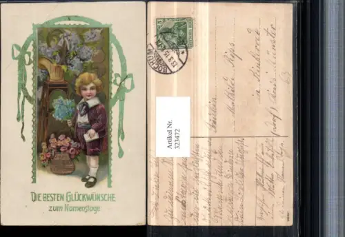 323472,Künstler AK Goldverzierung Namenstag Bub Brief Blumenstrauß Blumen