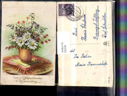 323539,Künstler AK F. G. Milan Namenstag Blumenstrauß Margeriten Glockenblumen
