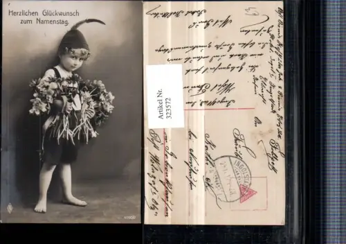 323572,Namenstag Junge Bub m. Lederhose Federhut Blumen