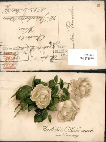370560,Künstler AK Namenstag Weiße Rosen