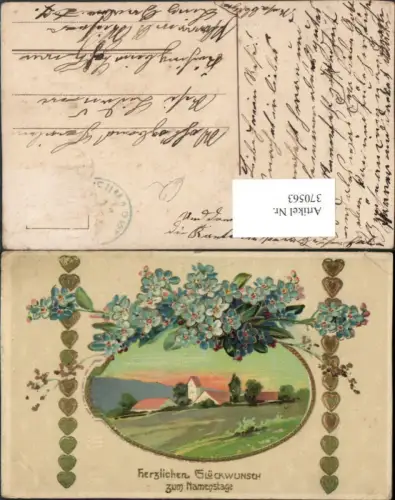 370563,Künstler AK Goldverzierung Namenstag Landschaft Passepartout Blumen