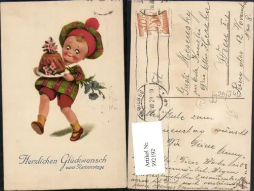 392192,Künstler AK Namenstag Kind m. Mütze Kuchen Blumen