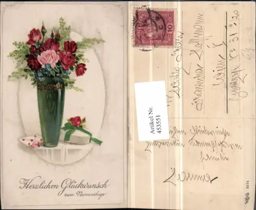 453551,Künstler AK Namenstag Rosen Blumen Vase