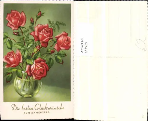 453578,Künstler AK Namenstag Rosen Vase