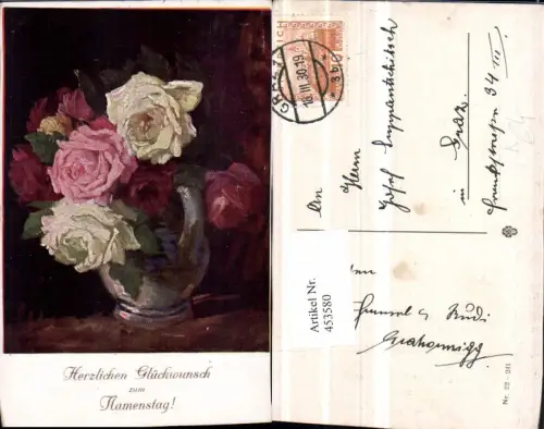 453580,Künstler AK Namenstag Rosen Krug Vase