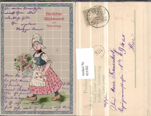 453582,Präge Künstler AK Namenstag Holländisches Mädchen Brief Rosen
