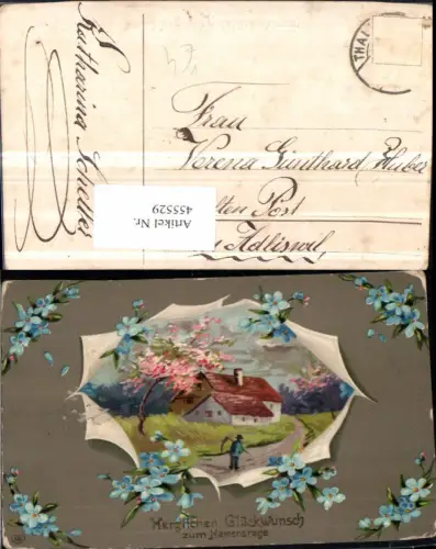 455529,Künstler AK Namenstag Landschaft Haus Passepartout Blumen pub EAS