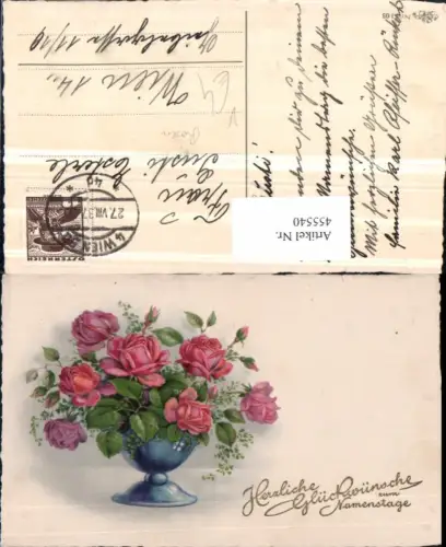 455540,Künstler AK Namenstag Rosen Blumen Vase pub Erika 1103