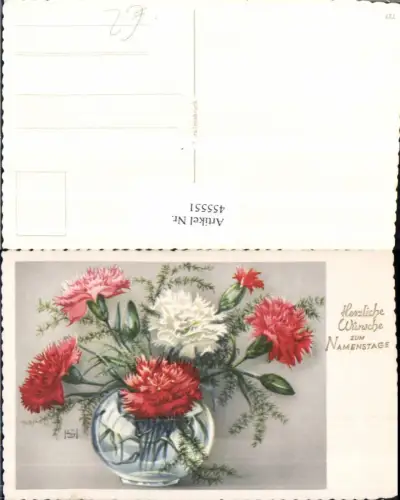 455551,Künstler AK Namenstag Nelken Blumen Vase