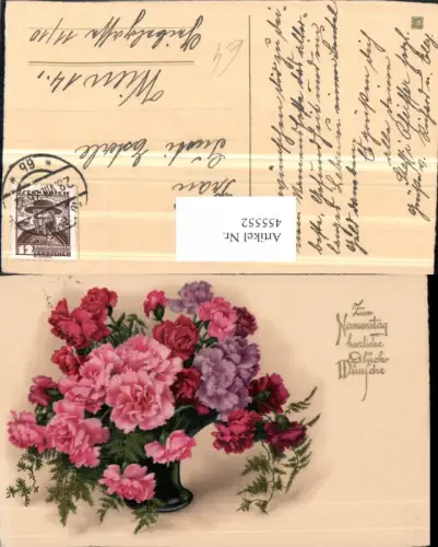 455552,Künstler AK Namenstag Blumen Nelken Vase
