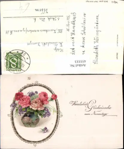 455553,Künstler AK Namenstag Rosen Blumen Vase