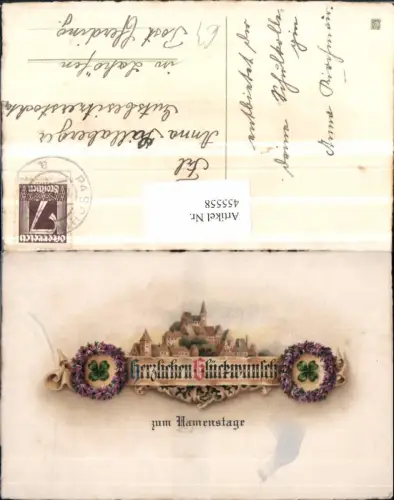 455558,Künstler AK Namenstag Stadt Schriftrolle Klee Blumen