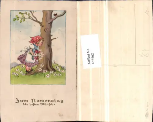 455562,Künstler AK Namenstag Kind Kopftuch Baum Blumen pub Erika 3372