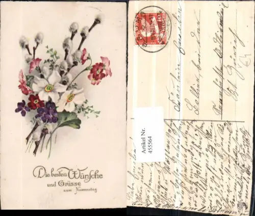 455564,Künstler AK Namenstag Blumen Narzissen Palmkätzchen pub Erika 5896