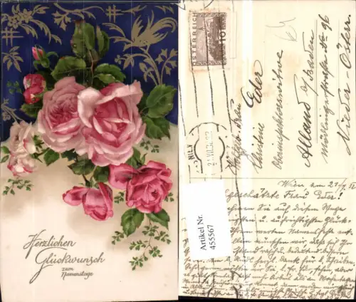 455567,Künstler AK Namenstag Rosen Blumen