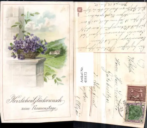 455572,Künstler AK Namenstag Landschaft Veilchen Blumen Korb