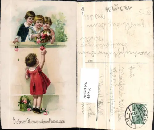 455576,Künstler AK Namenstag Kinder Mauer Rosen pub EAS 927