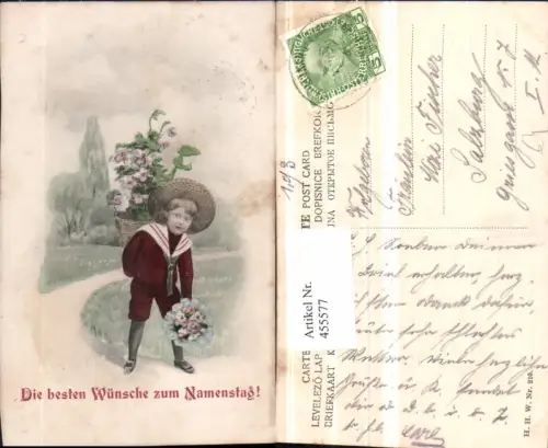 455577,Künstler AK Namenstag Kind Hut Blumenstrauß Blumen