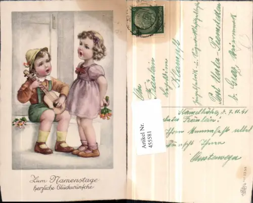 455581,Künstler AK Namenstag Kinder Duett Gitarre Blumen pub Erika 1258