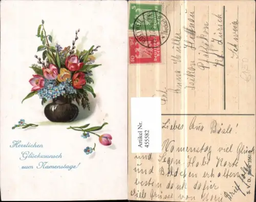 455582,Künstler AK Namenstag Blumenstrauß Blumen Vase