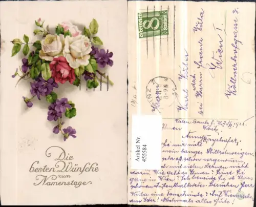 455584,Künstler AK Namenstag Rosen Veilchen Blumen